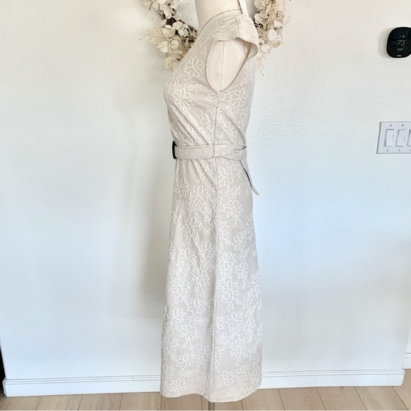 ☀️ ZARA Textured Floral Rustic Midi Dress with Belt in Ecru Beige Small S - Picture 11 of 16